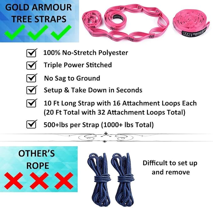 Gold Armour Camping Hammock - XL Double Hammock Portable Hammock Camping Accessories Gear for Outdoor Indoor with Tree Straps, USA Based Brand (Peach and Pink)