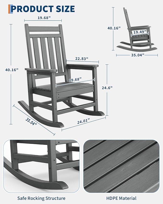 GarveeLife Poly Lumber Rocking Chair Outdoor Set of 2- HDPE High Back Porch Rocker Chairs for Adults - All Weather Resistant Furniture for Patio - Gray