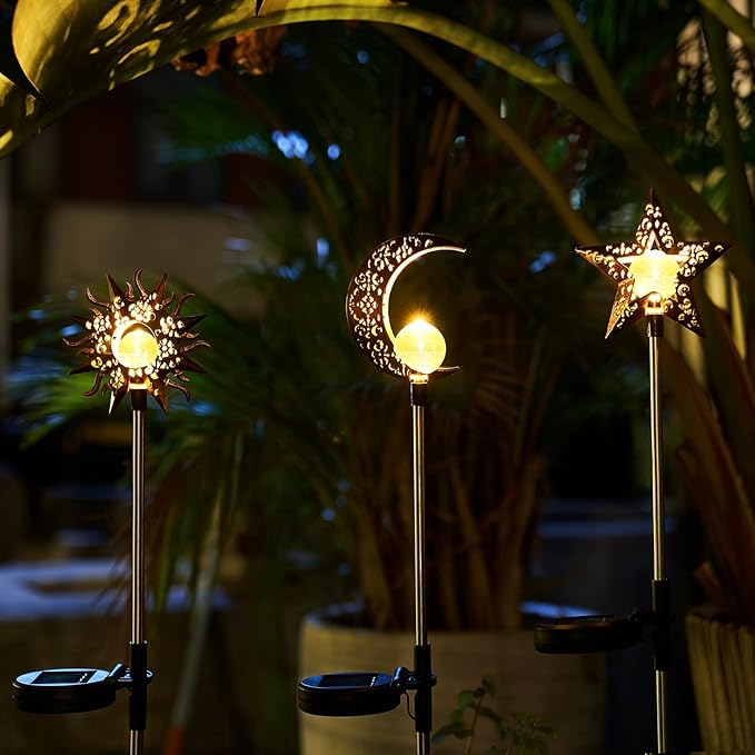 Solar Garden Stake Lights, Moon Sun Star Yard Decorations Outdoor 3 Pack Solar Garden Decor for Lawn, Pathway, Flower Bed, Memorial Garden, Patio Outdoor Gifts for Mom, Loved Ones