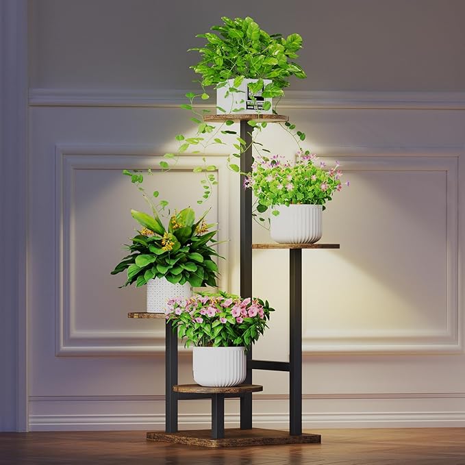 Plant Stand Indoor with Grow Light,4-Tiered Tall Plant Stand Indoor, Metal Plant Shelf with Adjustable Light, Ideal for Living Room, Garden, Patio (Black Brown)