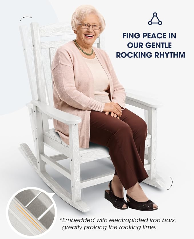 KINGYES HDPE Patio Rocking Chair Set of 4, Outdoor Rocking Chairs Porch Rocker for Adults, White