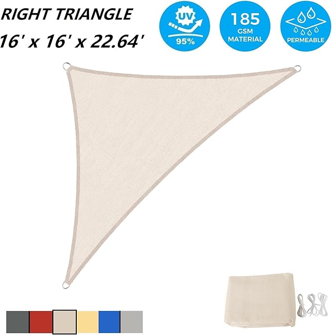 ASTEROUTDOOR Sun Shade Sail Triangle 16' x 16' x 22.64' UV Block Canopy for Patio Backyard Lawn Garden Outdoor Activities, Cream