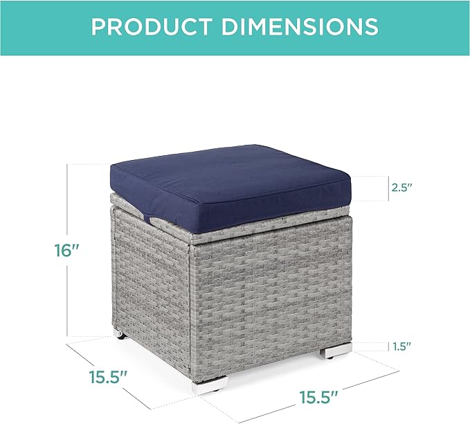 Best Choice Products Set of 2 Wicker Ottomans, Multipurpose Outdoor Furniture for Patio, Backyard, Additional Seating, Footrest, Side Table w/Storage, Removable Cushions - Gray/Navy
