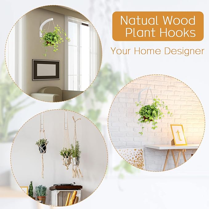 Juexica 4 Pcs Plant Hanger Wooden, 8 Inch Hanging Plant Hooks for Indoors and Outdoor, Wall Mounted Hanging Hook Brackets for Planters Lanterns Wind Chimes and Bird Feeders Patio Decor(White)