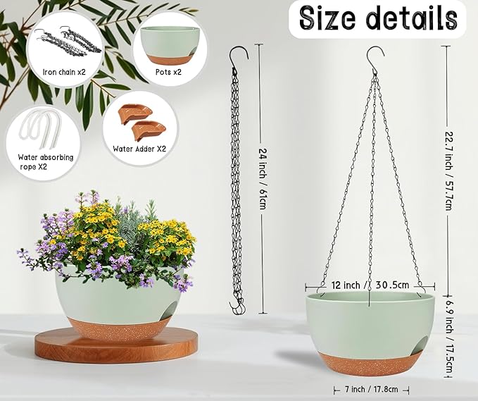2 Pack 12 Inch Self Watering Hanging Planters for Indoor Plants, Large Green Brown Plastic Hanging Pots with Chains for Outdoor Patio Garden Home Decor Green Brown