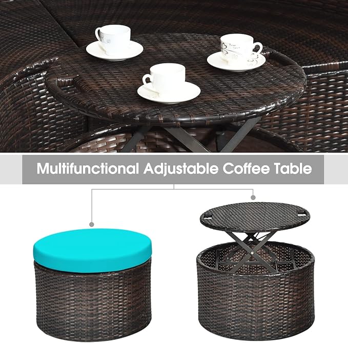 Tangkula Patio Round Daybed with Retractable Canopy, Outdoor Wicker Rattan Furniture Sets, Sectional Cushioned Sofa Set w/Height Adjustable Coffee Table, Rattan Conversation Sets (Turquoise)