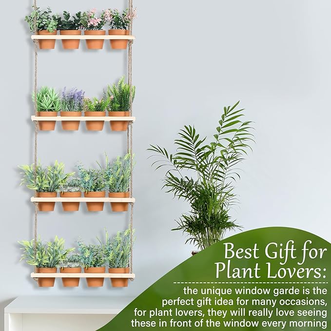 4 Tiered Window Plant Shelves Hanging Herb Planter Indoor Display with 16 Pcs Flower Pots Wood Window Plant Hanger for Grow Herbs Succulents Microgreens Seedling Organization