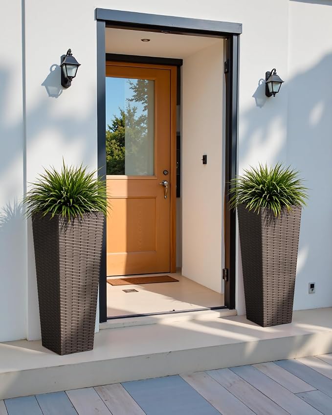 Greesum 32 Inch Tall Plastic Planters(Set of 2), Detachable Inner Pot & Drainage Holes, Outdoor Decorative Flower Pots for Large Plants, Trees, Patio, and Garden, Brown