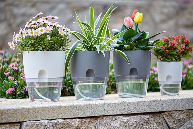 Self Watering Pots for Indoor Plants, 5 Pack 6/4.1/3.2 Inch Flower Pot Modern Decorative Plastic Planter with Extra Large Water Storage for All House Plants, Flowers, Herbs(White)