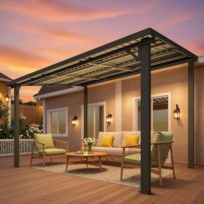 AECOJOY 12' x 8' Outdoor Hardtop Gazebo Pergola for Patio, Large 8x12 Galvanized Steel Heavy Duty Lean to Wall-Mounted Pergolas and Gazebos Clearance, Metal Patio Roof Awnings for Backyards, Decks