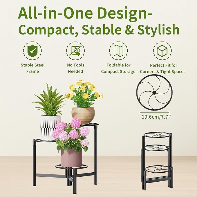 3 Tier Plant Stand Outdoor Tall Metal Corner Plant Stand for Patio Garden Balcony Living Room Bedroom Indoor Tiered Plant Shelf Black Kite