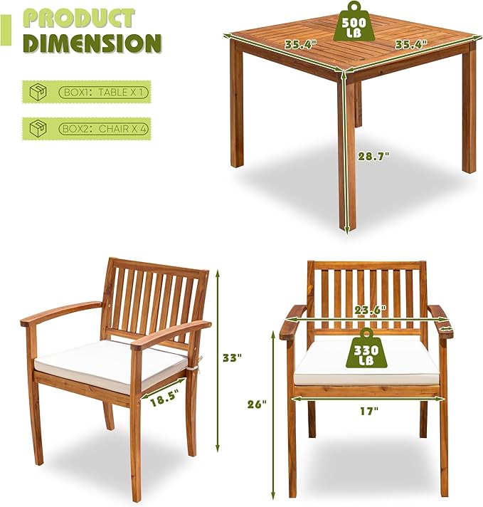 Flamaker 5 Piece Outdoor Dining Set Acacia Wood Patio Table and Chairs with Soft Cushions Patio Furniture for Deck, Backyard, Garden