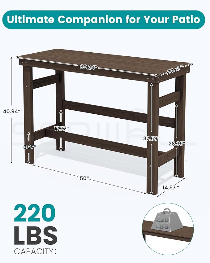 SERWALL 41" Outdoor Bar Table, HDPE Patio Bar Counter Height Table, All Weather Adirondack Outdoor Bar Height Table, Rectangle Patio Bar Table for Outside, Garden, Backyard, Balcony, Poolside, Coffee