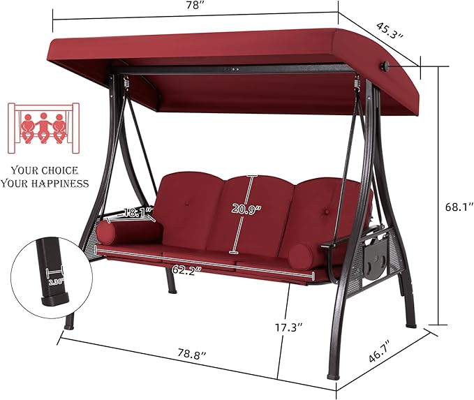 HOMREST 3 Seat Outdoor Porch Swing with 1.5" Deepened Cup Holder, Adjustable Canopy, Patio Swing Bed with Stand, Patio Glider Swing with Thicken Cushions, Pillow for Yard, Garden(Wine Red)