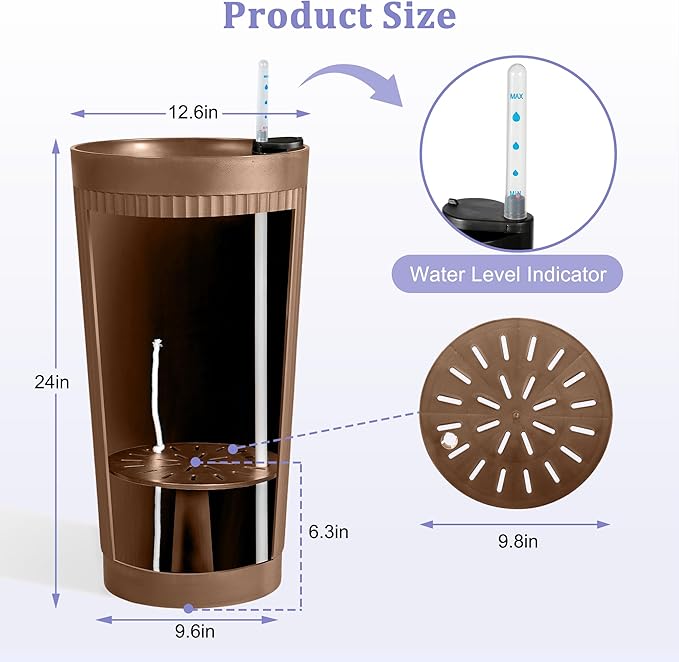 24in Tall Self-Watering Planters Set of 2 - Brown Flower Pots with Water Level Monitor, Non-Toxic Plastic Planters for Indoor Outdoor Patio, Porch, Living Room, Home Office