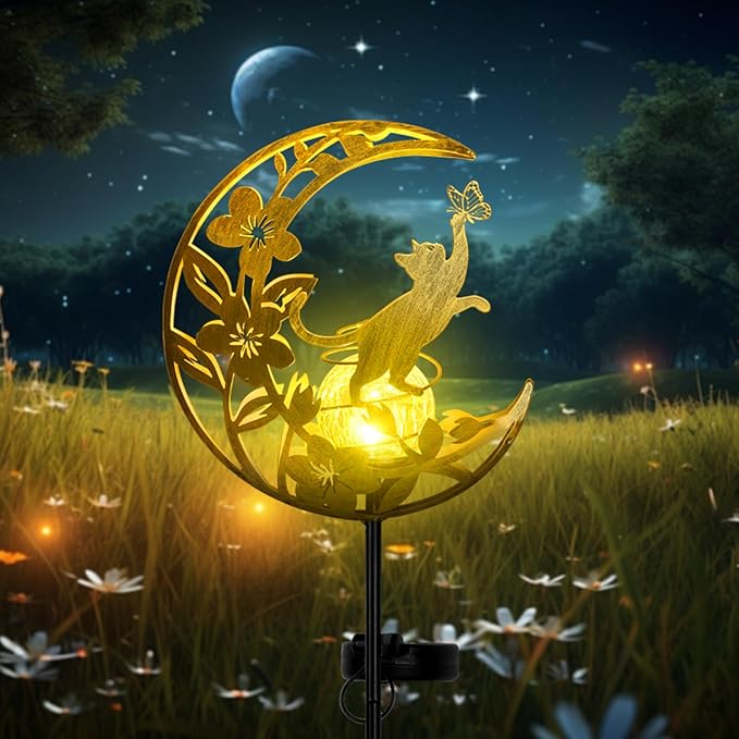 Cat Lights Outdoor Decor - Moon & Cat Sola Garden Lights Waterproof, Auto On/Off Pathway Lighting for Yard/Lawn/Patio, Handcrafted Metal Solar-Stake-Lights for Outside Decorations