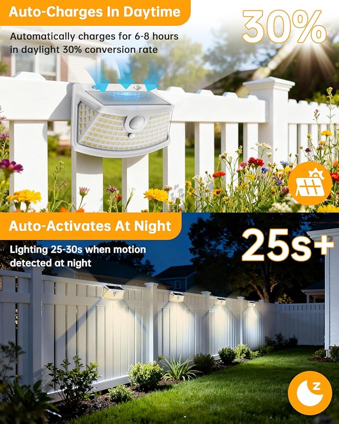Aootek New Solar Motion Sensor Lights 120 LEDs with Lights Reflector,270° Wide Angle, IP65 Waterproof, Step Lights for Front Door, Yard, Garage, Deck (White, Warm White, 4-Pack)
