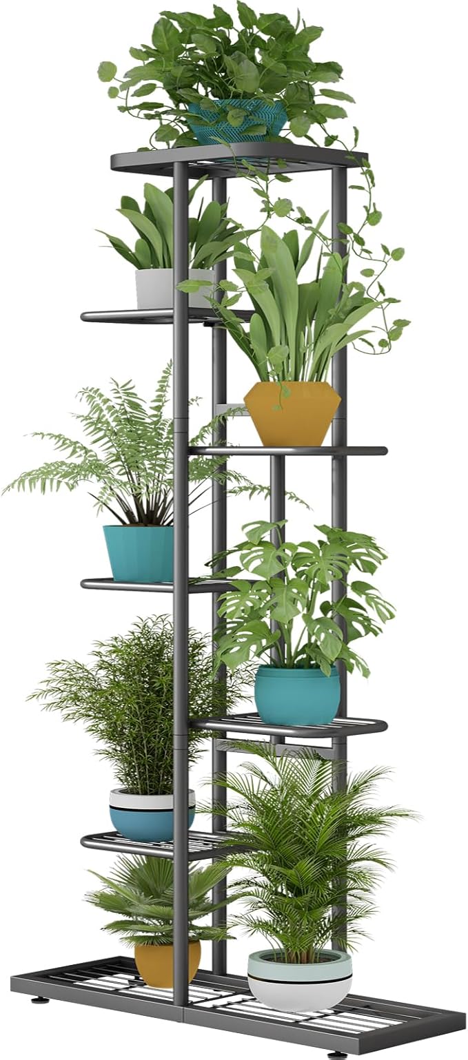 LINZINAR Plant Stand Metal 7 Tier 8 Potted Multiple Flower Pot Holder Shelf Indoor Outdoor Planter Display Shelving Unit for Patio Garden Corner Balcony Living Room, DarkGrey