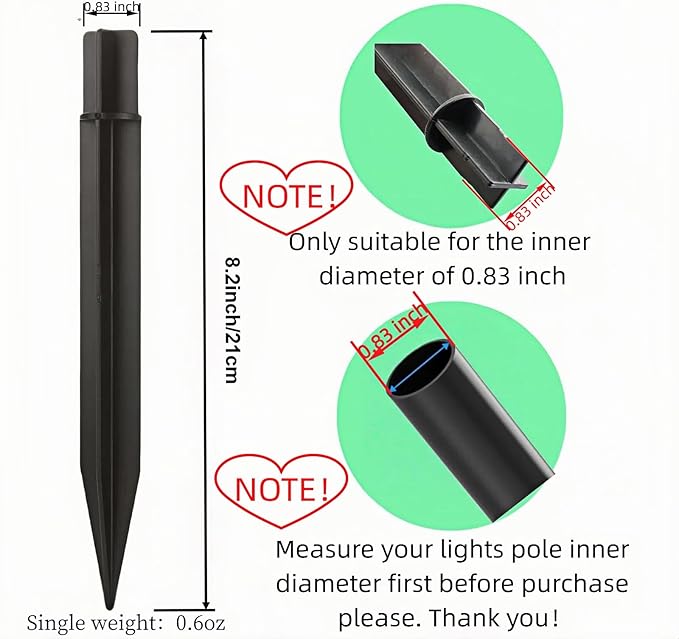 8.25" Reinforced ABS Plastic Solar Ground Spikes - Durable Solar Light Replacement Stakes for Garden, Pathway, Deck, Camping, Christmas Lights (Fits 0.83" Inside Diameter) (Black-1 Pack)
