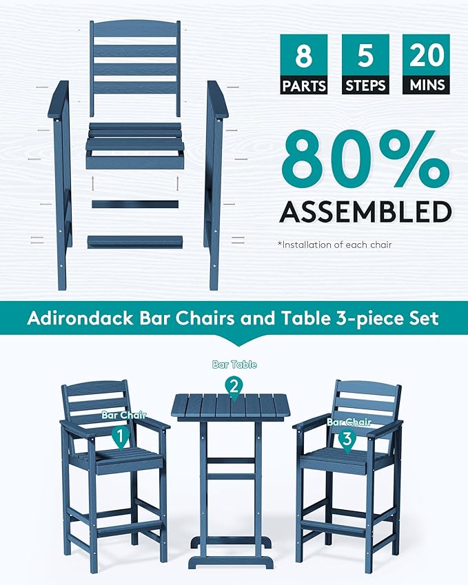 SERWALL 6 Pieces Outdoor Patio Bar Set with 9ft Umbrella, Outdoor HDPE Barstool and Table Furniture Set with Patio Umbrella, Blue