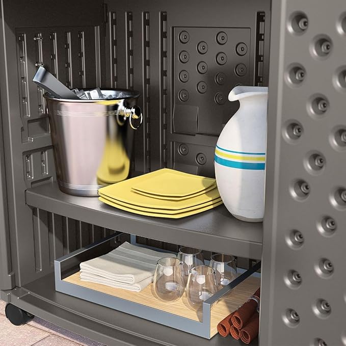 Suncast Patio Plastic Storage and Prep Station with Decorative Wicker Pattern and Multi Wall Panels for Patio, Garden, and Lawn Use, Stoney Gray