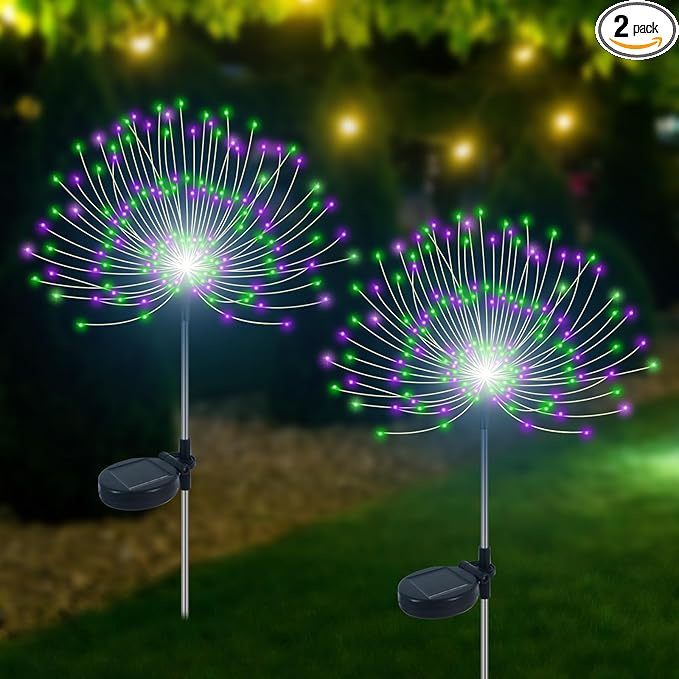 Solar Garden Lights Outdoor Waterproof, 2 Pack 120 LED Solar Firework Lights Decorative Garden Décor Outside for Flowerbed Pathway Party Halloween Christmas Decorations, Green + Purple
