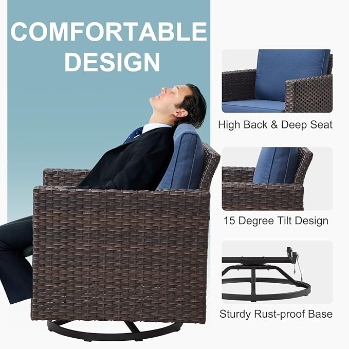 Belord Wicker Patio Furniture 5 Piece Outdoor Sofa Set, Oversize Outdoor Swivel Rocker Chairs with Rattan Ottomans, Conversation Sets Patio Furniture Come with Removable Cushion Blue, Anti-Rust Frame