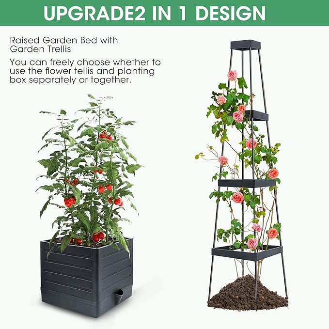 MQUPIN Tomato Planter Box with Trellis for Garden, 57 Inch Self-Watering Raised Garden Bed, Patio Tomato Cage for Climbing Vegetables & Flowers, Upgraded Tomato Pot for Indoor Outdoor Use(1 Pack)