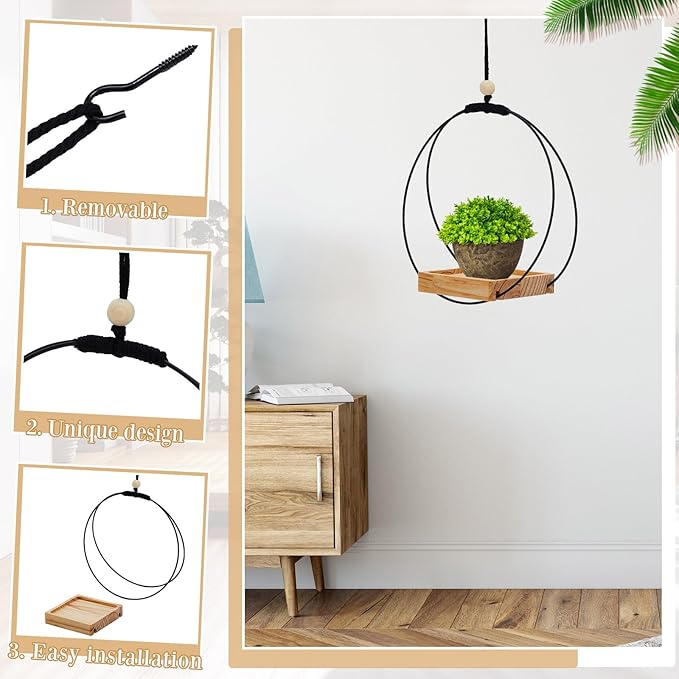 Geelin 4 Pack Plant Hanger with Wood Base Hanging Window Planter Boho Macrame Hanging Potted Plant Holders for Indoor Outdoor Window Wall Ceiling Home Decoration, Pot & Sapling Not Included (Khaki)