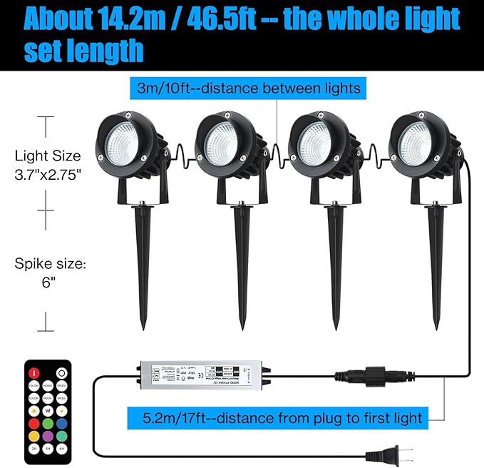 20W Outdoor RGB LED Spotlights 4 Pack, 120V 1000lm with Remote & Transformer, 12 Colors 19 Modes, IP65 Waterproof 46.5ft Cord, Landscape Lights for Yard Garden Christmas Halloween