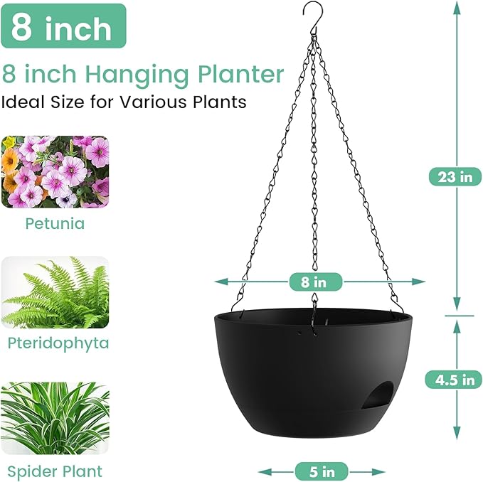 4 Pack 8 Inch Self Watering Hanging Planters for Indoor Outdoor Plants，Hanging Pots for Plants with Drainage Removable Tray, Hanging Baskets Flower Pots for Ivy Pothos Spider Garden Porch Black