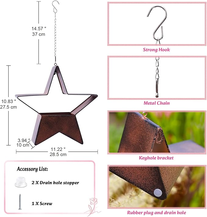 Metal Plant Hangers Indoor and Outdoor for Mom Women Her Wife Garden Lovers Birthday - Star Shape Hanging Planters for Window Wall Living Room Office Decor(Rustic)