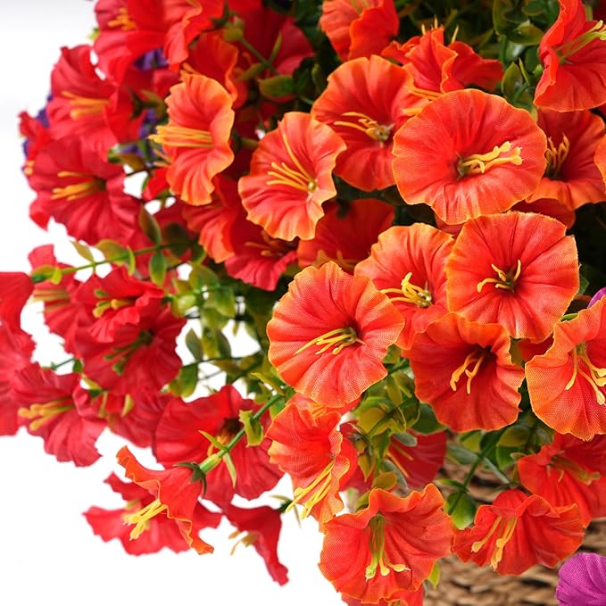 Artificial Flowers for Outdoors, UV Resistant Fake Silk Morning Glory, Realistic Faux Plants for Outside Porch Patio Window Box Hanging Planter (16, Orange)