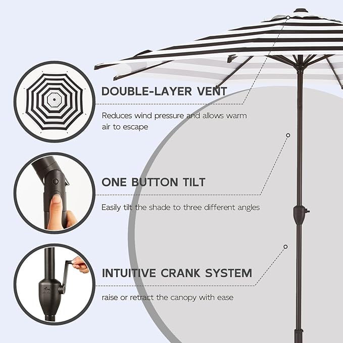 Abba Patio 9FT Lyon Outdoor Patio Umbrella Outdoor Table Umbrella with Crank Market Umbrella 8 Sturdy Ribs UV Protection Waterproof and Push Button Tilt for Garden Deck Backyard Pool,Black & White Stripe