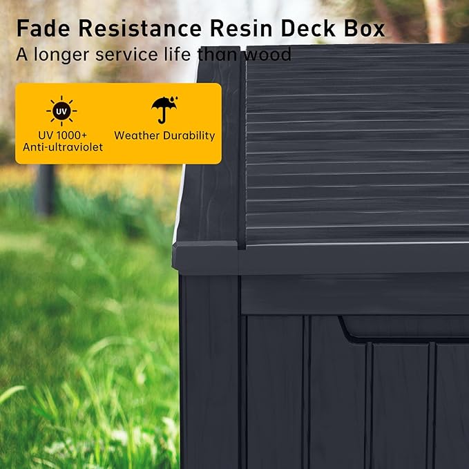 DRATO 200 Gallon Deck Box, Waterproof Resin Large Outdoor Storgae Box for Patio Furniture, Patio Cushions, Gardening Tools, Pool Supplies, Lockable（Black，200 Gallon）