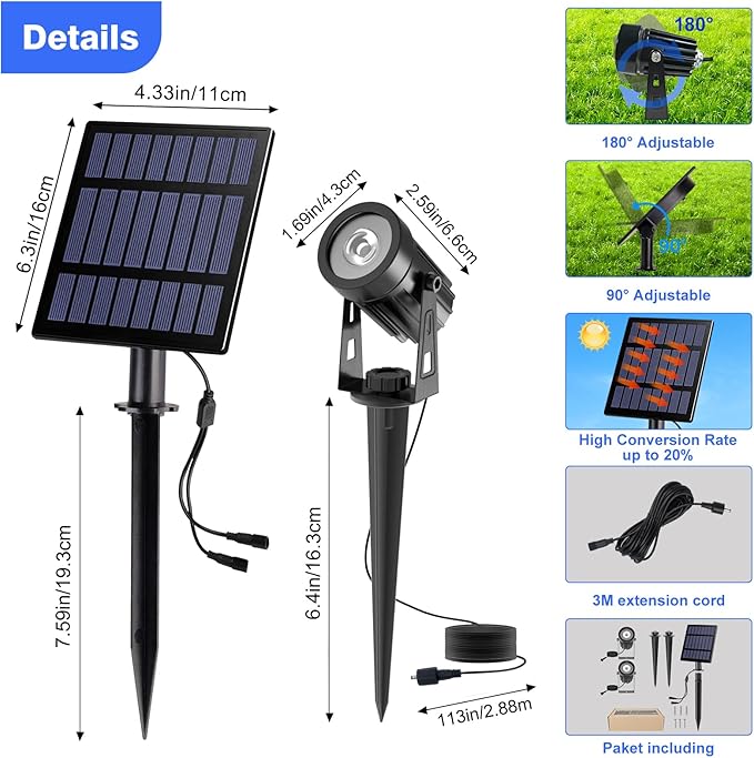 T-SUNUS Christmas Solar Landscape Spotlights Warm White, 2W Garden Spot Lights Outdoor 9.8ft Cable IP65 Waterproof Security Downlight 2-IN-1 for Flag Tree Pond Garage Deck Yard Wall Backyard Halloween