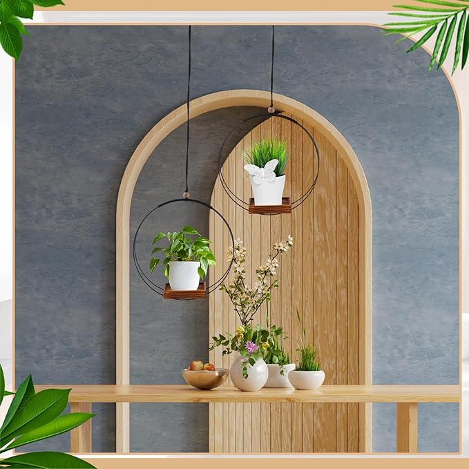 Geelin 2 Pack Plant Hanger with Wood Base Hanging Window Planter Boho Macrame Hanging Plant Holders for Window Indoor Outdoor Room Ceiling Home Decorations (Brown)