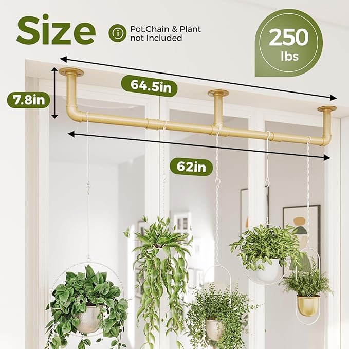 Bamworld Plant Hanger Indoor Hanging Planters for Indoor Plants Hanging Plant Holder Window Plant Rod Gold Metal Shelves 63 Inch