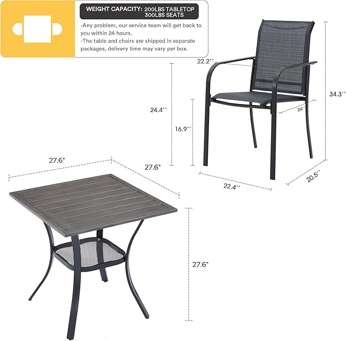 VICLLAX 3 Pieces Patio Dining Set for 2, Outdoor Furniture Set Includes 1 Small Patio Table and 2 Stackable Patio Sling Chairs, Patio Bistro Set for Outsides, Grey Wood-Like Table and Grey Chairs