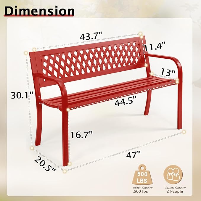 VINGLI 47'' Outdoor Bench, Weather Resistant Garden Patio Bench Powder Coated Iron Frame w/PVC Mesh Backrest Slatted Seat, 2-Person Outdoor Furniture for Front Porch Entryway Park (Red)