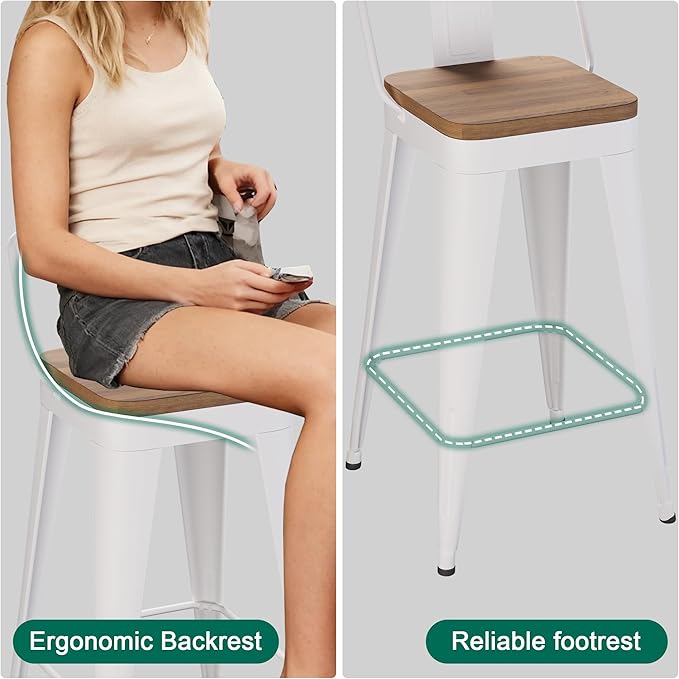 WENTMENT Metal Bar Stools Set of 4 Counter Height Bar Stools Barstools with Removable Back 24" Kitchen Bar Stools with Wooden Seat,Off White
