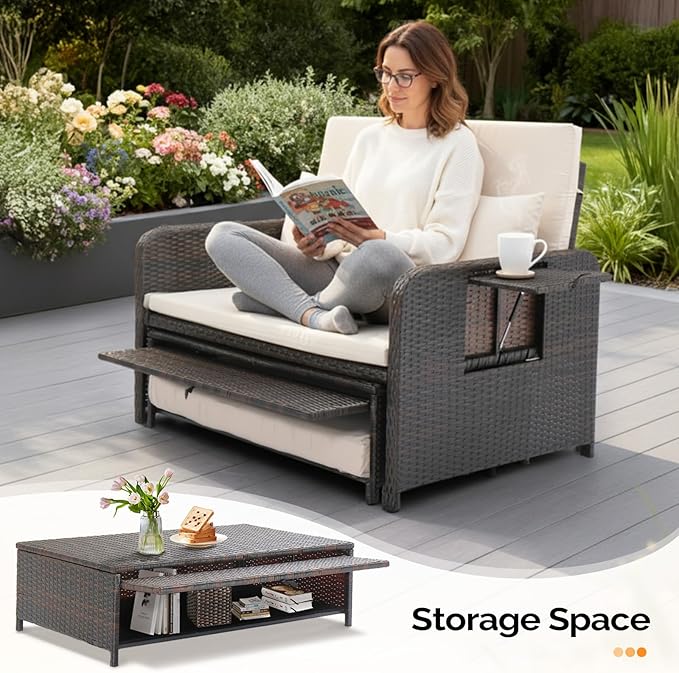 VINGLI Patio Daybed, Wicker Outdoor Daybed with Storage Ottoman & 5-Level Adjustable Backrest, All-Weather Rattan Cushioned Patio Loveseat Sofa for Garden Balcony Backyard (Beige, Brown)