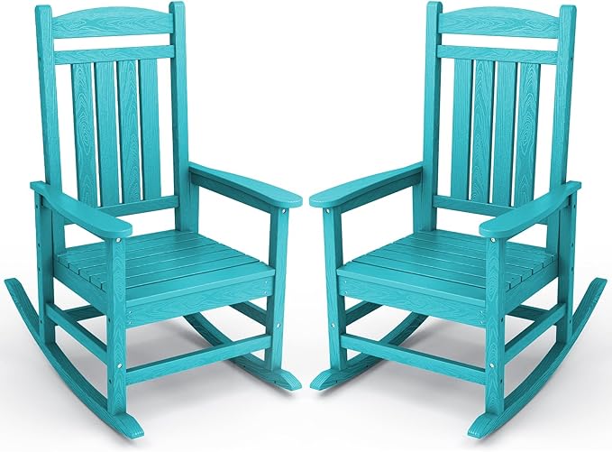 KINGYES Outdoor Rocking Chair Set of 2, High Density Polyethylene Patio Rocking Chairs with 330lbs Support for Adults, Aruba Blue