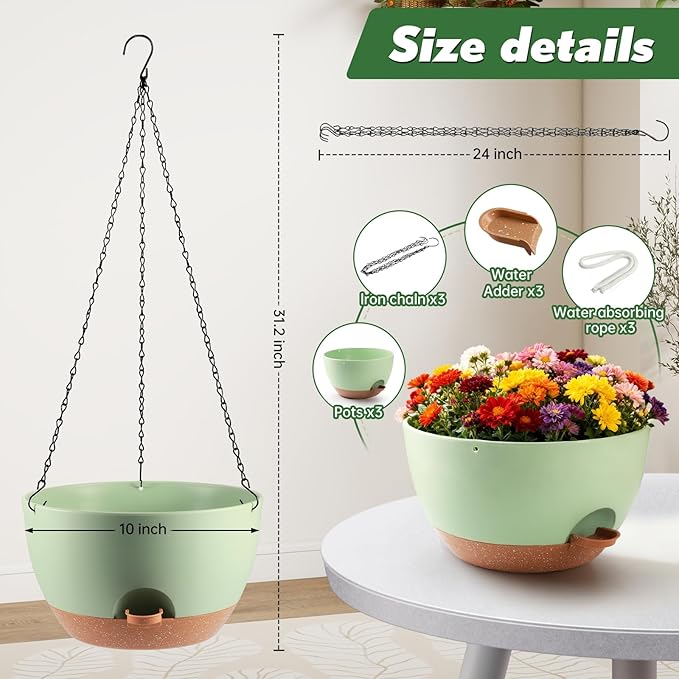 3-Piece Set of 10-Inch Hanging Planters with Automatic Watering System and Drip Tray, Includes Metal Chain, Suitable for Various Indoor and Outdoor Plants and Flowers, Green Brown