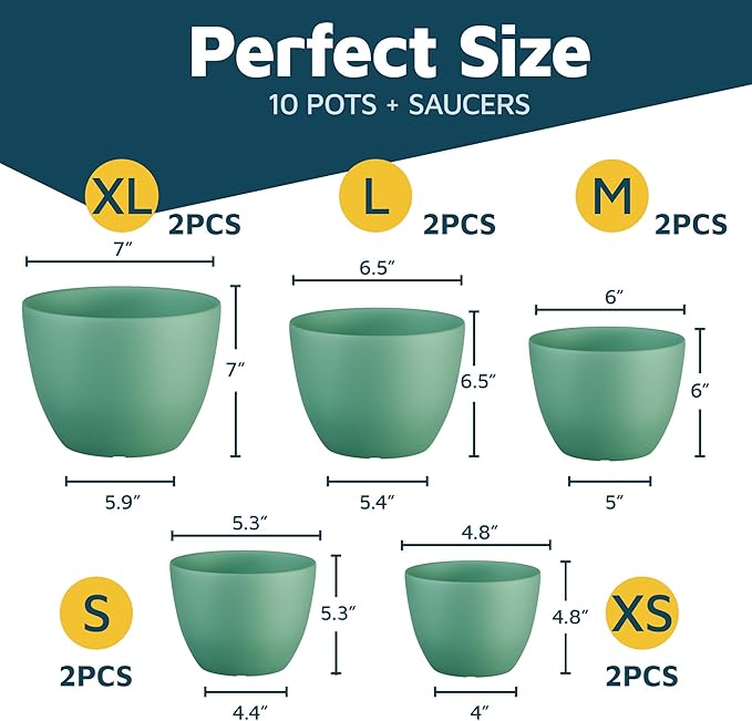 Planter Pots with Drainage Holes - Lightweight, Durable, & Space-Saving Pots for Indoor and Outdoor - Versatile Functionality, Simple Modern Design, Set of 10 Plastic Planter Pots Mint