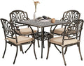 VINGLI 5-Piece Outdoor Patio Dining Set, Cast Aluminum All-Weather Outdoor Table and Chairs w/Cushion, Outdoor Furniture Set w/Umbrella Hole for Backyard Deck Poolside (Square, Elizabeth Back)