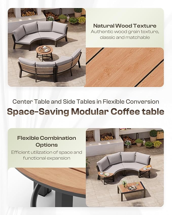 Outdoor Patio Furniture Set, 7 Piece Aluminum Curved Outdoor Sectional Sofas with Modular Coffee Table, PE Rope Patio Conversation Sets, All-Weather Patio Sofa Sets with Cushions, Gray