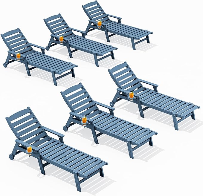SERWALL Patio Chaise Lounge Chair Set of 6, 5 Positions Adjustable Poly Outdoor Lounger for Pool, HDPE Lounge Chair with Rolling Wheels & Cup Holder for Poolside, Deck, Blue