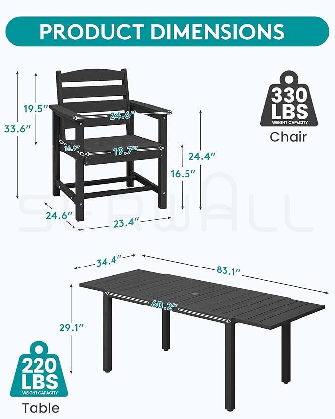 SERWALL Outdoor Expandable Dining Table 60" - 83", Patio Dining Table for 4-10 People, All Weather HDPE and Aluminum Outdoor Furniture for Backyard, Garden, Black