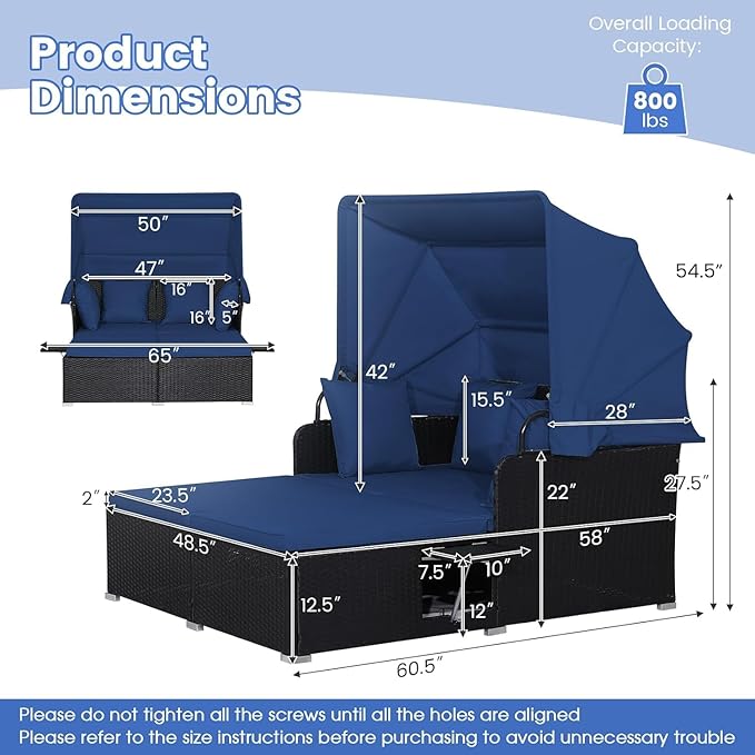 COSTWAY Outdoor Daybed with Retractable Canopy, Wicker Patio Furniture Set with Cushioned Pillows, Patio Rattan Daybed for Deck, Backyard, Poolside (Navy)